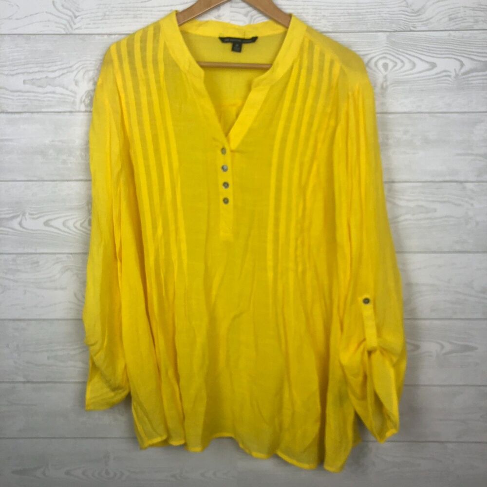 Zac & Rachel Women's 3X Popover Top Roll Tab Sleeves V Neck Yellow Shirt Blouse